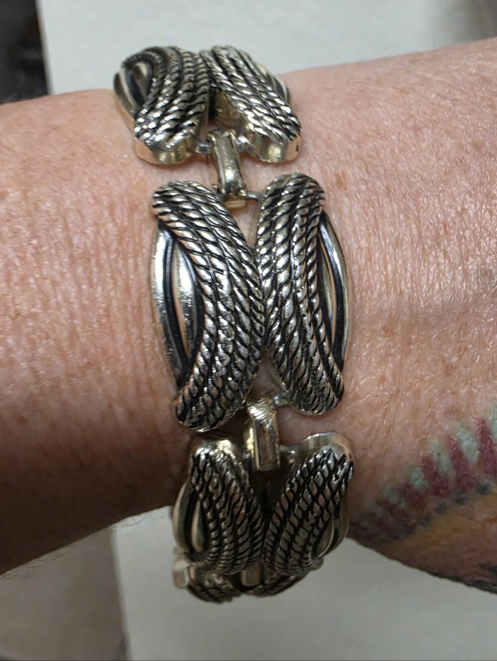 Vintage German Eloxal Aluminum Silver Tone Textured Rope Link Bracelet
